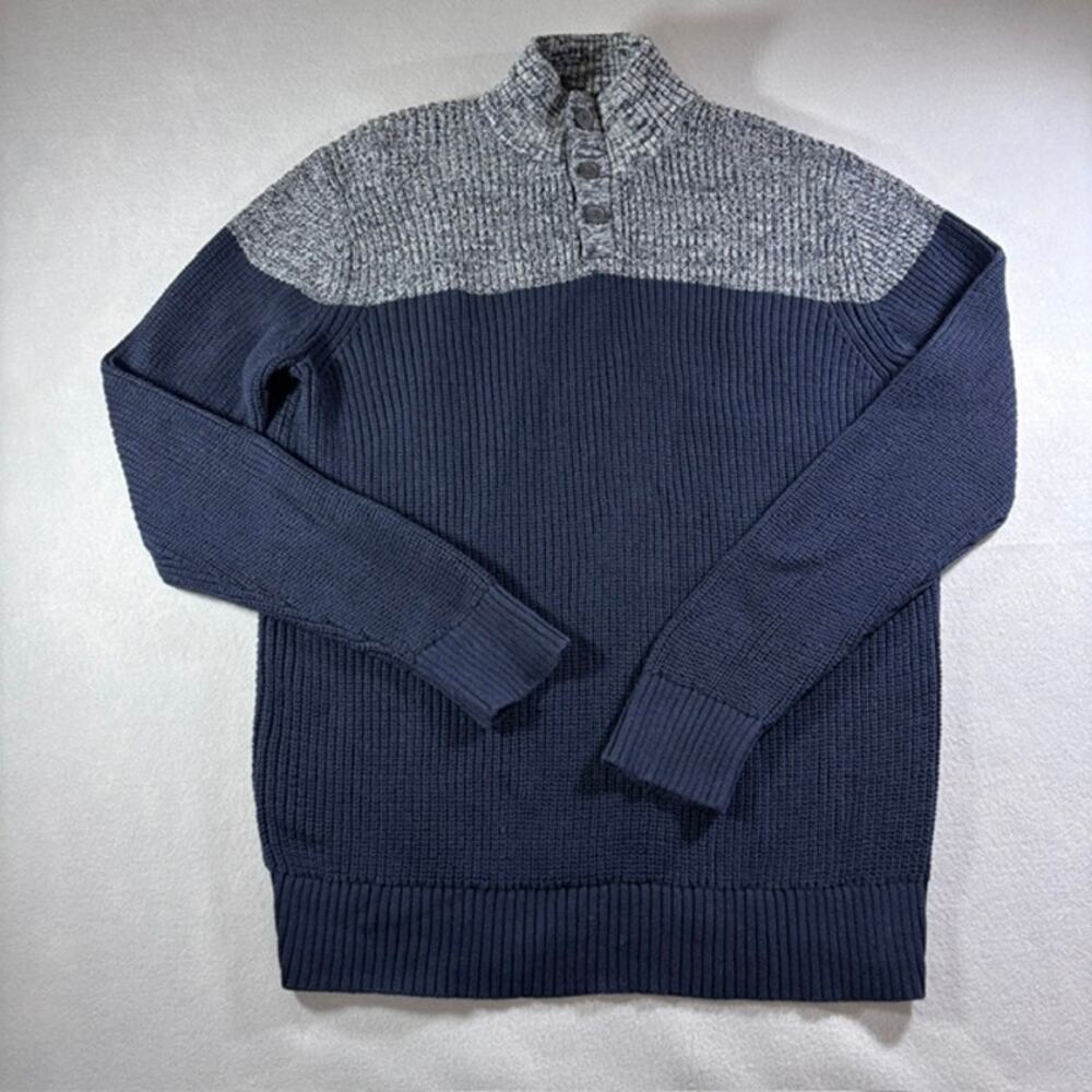 Banana Republic Mens XL Ribbed Knit Quarter Button Sweater Navy & Marled Grey